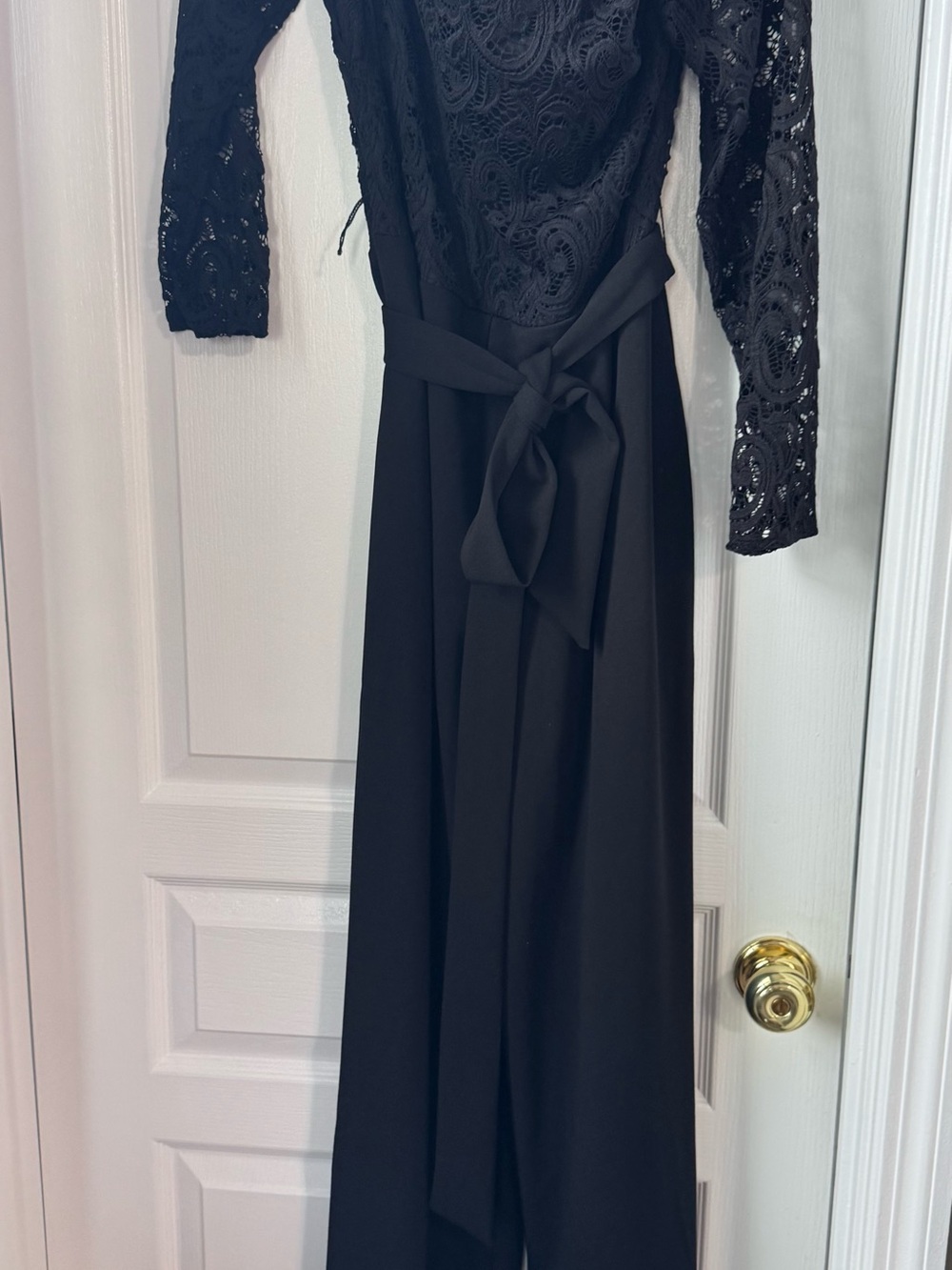 Premier Black Lace Long Sleeve Maxi jumpsuit Dress with Waist Tie